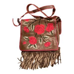 Isabella Fiore Fringe Crossbody Bag Embroidered Roses Brown Leather Purse NEW